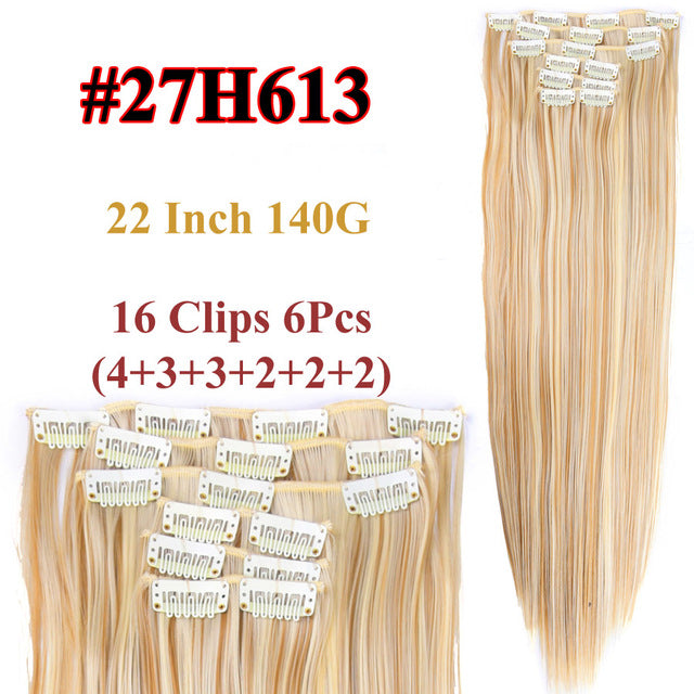 heat resistant 6pcs/set 16 clips full head 55cm straight synthetic fiber hairpieces clip in on hair extensions #26 / 22inches