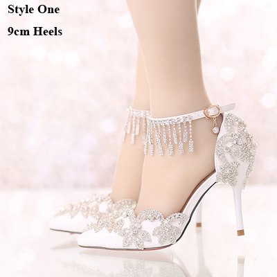 rhinestone buckle straps white wedding shoes pointed toe 3 inches comfortable bridal party dancing shoes summer sandals