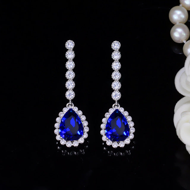 sterling silver 925 pin big pear cut cubic zirconia luxury bridal wedding long drop earrings for brides gift blue