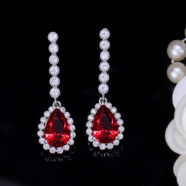 sterling silver 925 pin big pear cut cubic zirconia luxury bridal wedding long drop earrings for brides gift red
