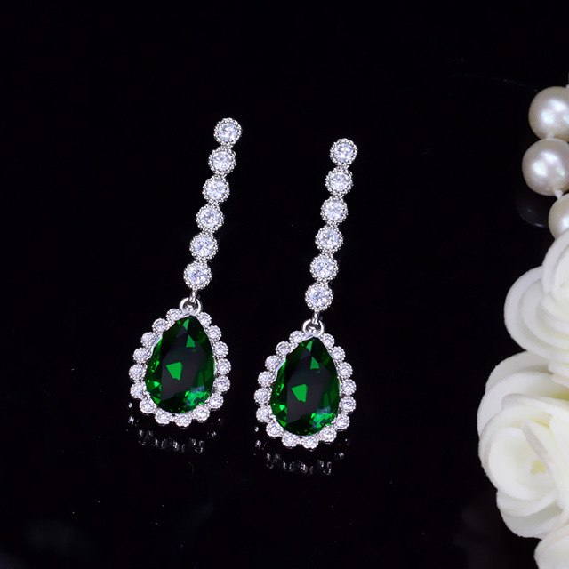 sterling silver 925 pin big pear cut cubic zirconia luxury bridal wedding long drop earrings for brides gift green