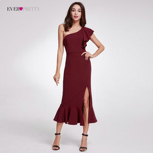 hot sale ever pretty elegant burgundy evening dresses tea-length split simple design women formal evening gowns
