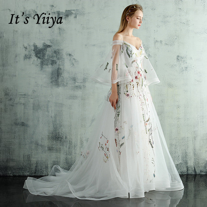 it's yiiya new train white black pink embroidery evening dresses boat neck illusion half sleeves trailing party dress