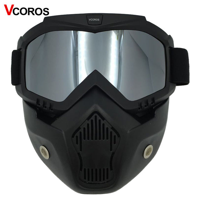 detachable mask goggles for vintage motorcycle helmet monster mask for scooter jet retro moto helmets cosplay mask frame 1 silver lens