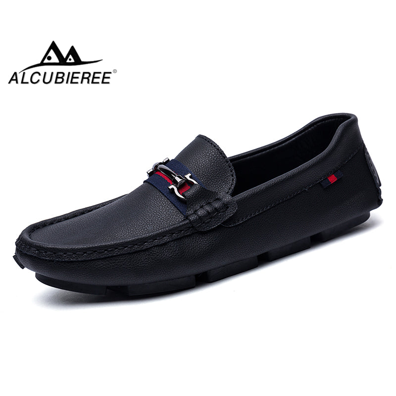alcubieree high quality genuine leather men loafers men's slip on 3 black styles driving shoes men moccasin gommino boat shoes