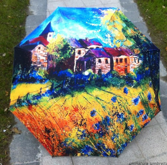 fashion van gogh oil painting arts class oil painting umbrella stars waterproof rainproof unvi folding guarda chuva umbrellas red