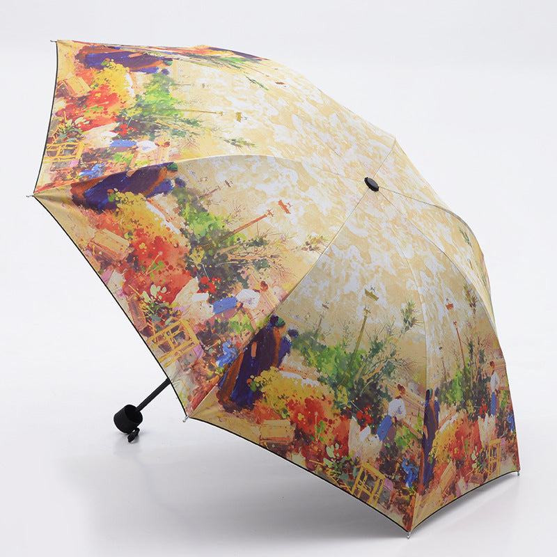 oil painting europe scenery pattern rain/ sun umbrella,3 folding thickening anti uv fashion abstract art design women umbrella