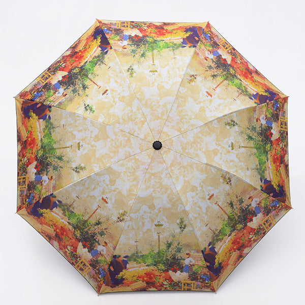 oil painting europe scenery pattern rain/ sun umbrella,3 folding thickening anti uv fashion abstract art design women umbrella 01