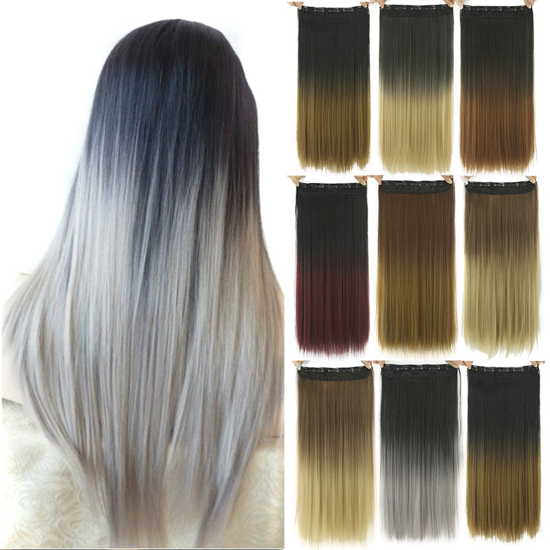 long straight black to gray natural color women ombre hair high tempreture synthetic hairpiece clip in hair extensions