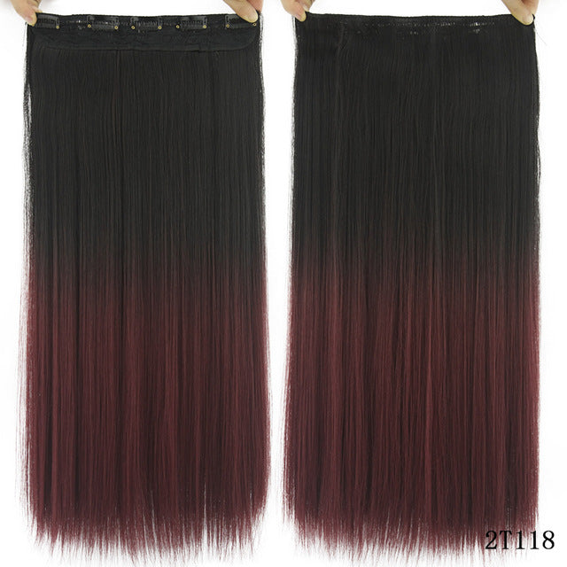 long straight black to gray natural color women ombre hair high tempreture synthetic hairpiece clip in hair extensions t1b/burgundy / 24inches