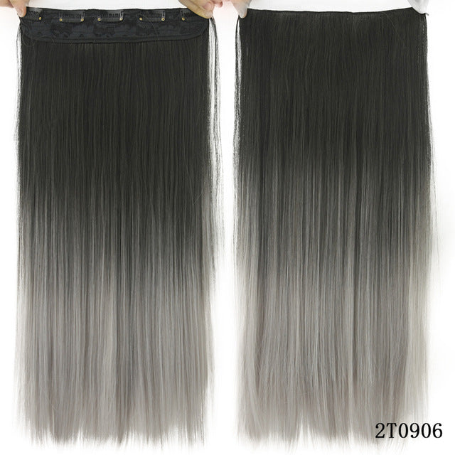 long straight black to gray natural color women ombre hair high tempreture synthetic hairpiece clip in hair extensions t1b/4/27 / 24inches