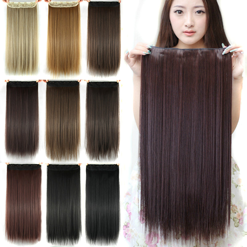 60cm long straight women clip in hair extensions black brown high tempreture synthetic hair piece