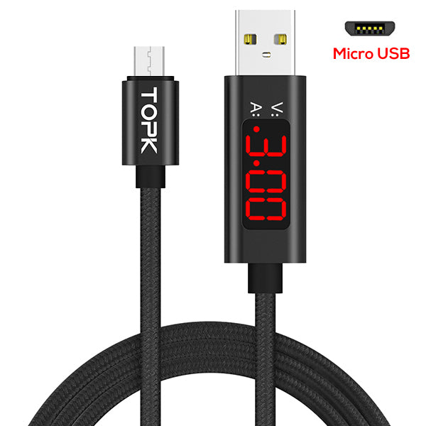 topk 1m(3.28ft) micro usb data charging led digital voltage and current display nylon braided usb cable for samsung xiaomi lg black / 100cm