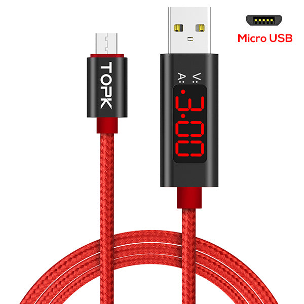 topk 1m(3.28ft) micro usb data charging led digital voltage and current display nylon braided usb cable for samsung xiaomi lg red / 100cm