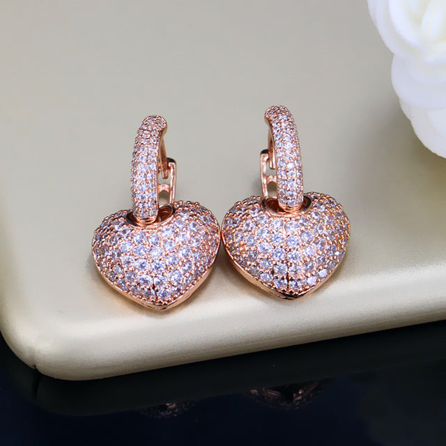 fashion korean cute style clear hoop cubic zirconia paved rose gold color big heart shape stud earrings for women gift rose gold color
