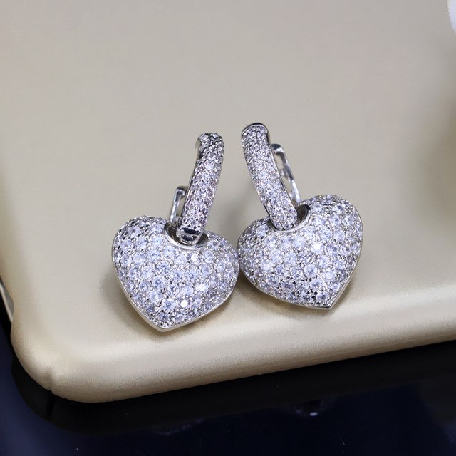 fashion korean cute style clear hoop cubic zirconia paved rose gold color big heart shape stud earrings for women gift white gold color