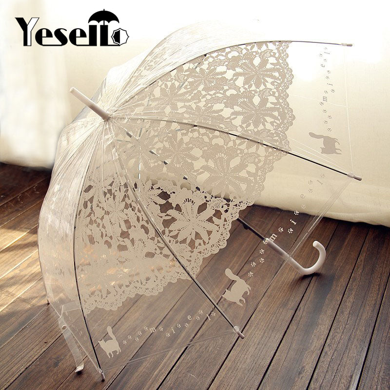yesello 1pcs romantic imitation lace transparent cute cat large long rain wind umbrella for lolita women travel