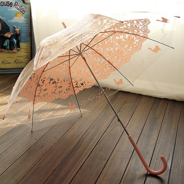 yesello 1pcs romantic imitation lace transparent cute cat large long rain wind umbrella for lolita women travel pink