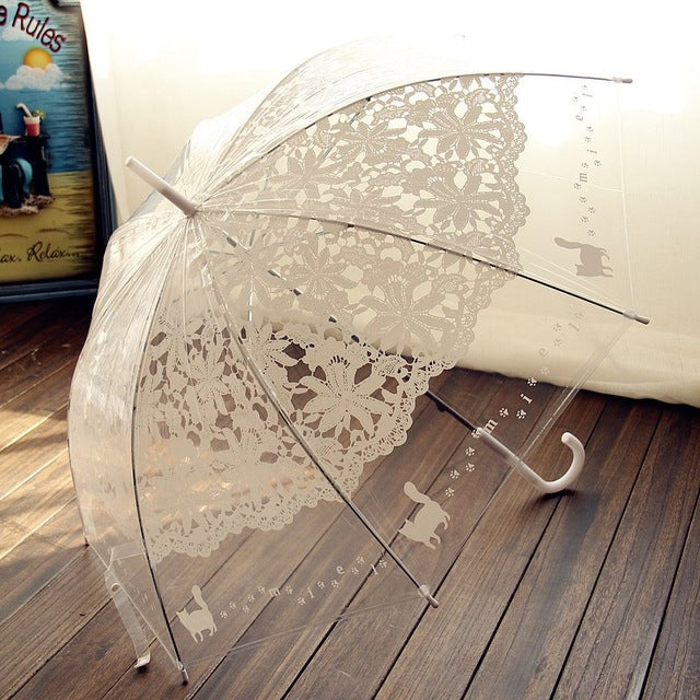 yesello 1pcs romantic imitation lace transparent cute cat large long rain wind umbrella for lolita women travel white