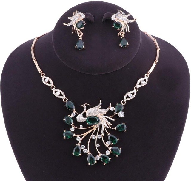 african bridal jewelry sets phoenix bird style rhinestone necklace and earrings set green gold