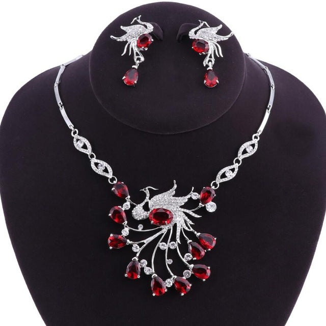 african bridal jewelry sets phoenix bird style rhinestone necklace and earrings set red silver