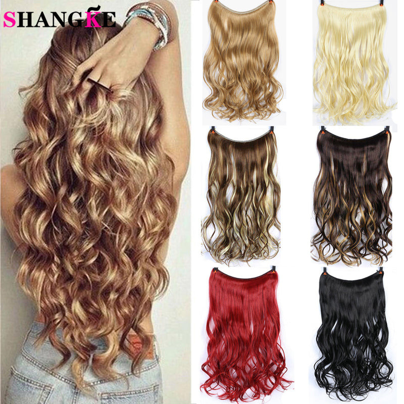 24'' wavy invisible wire no clips in hair extensions secret fish line hairpieces natural synthetic