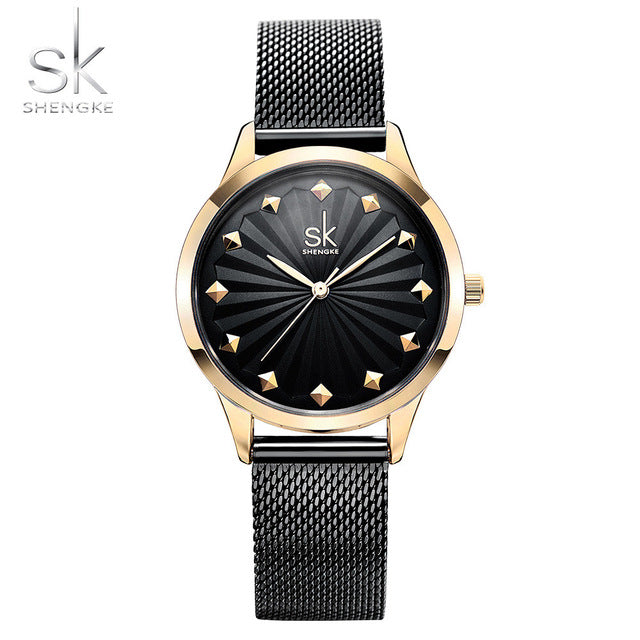 shengke wrist watch women fashion stainless steel quartz watches bracelet clock relogio feminino sk luxury ladies watches black