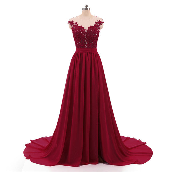 burgundy a-line evening dresses long with buttons sexy see through back high split lace prom dress evening gowns