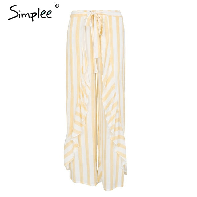 simplee stripe split wide leg pants women bottom sash ruffle high waist trousers summer beach casual pants female