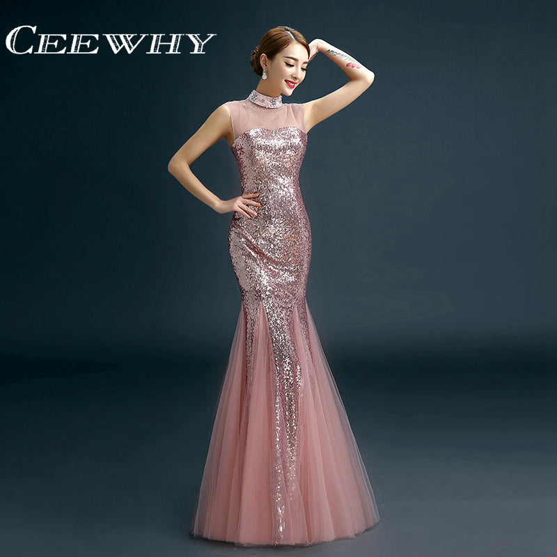 ceewhy high neck sequin evening dress long prom party formal dress trumpet evening gown mermaid dress robe de soiree