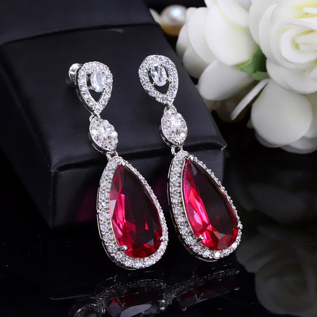 ladies wedding jewelry sparkling long big dangling drop cubic zirconia stone earrings for brides red