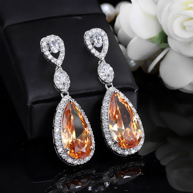 ladies wedding jewelry sparkling long big dangling drop cubic zirconia stone earrings for brides champagne