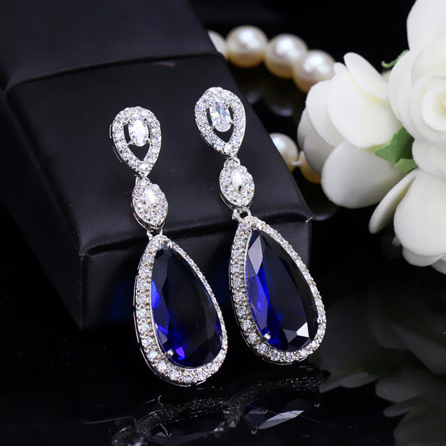 ladies wedding jewelry sparkling long big dangling drop cubic zirconia stone earrings for brides blue