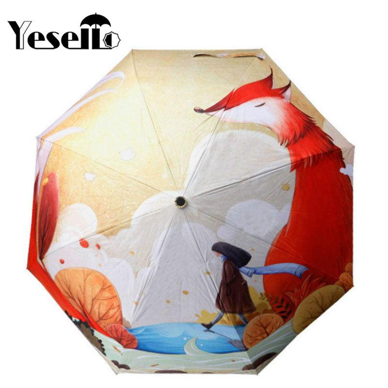 yesello cute fox girl cartoon illustration three folding umbrella 8 rib wind resistant frame for mom
