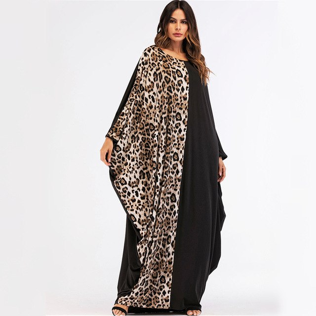 casual print leopard full dress bat sleeve maxi abaya muslim loose kimono long skirt robe gowns middle east islamic clothing black / one size