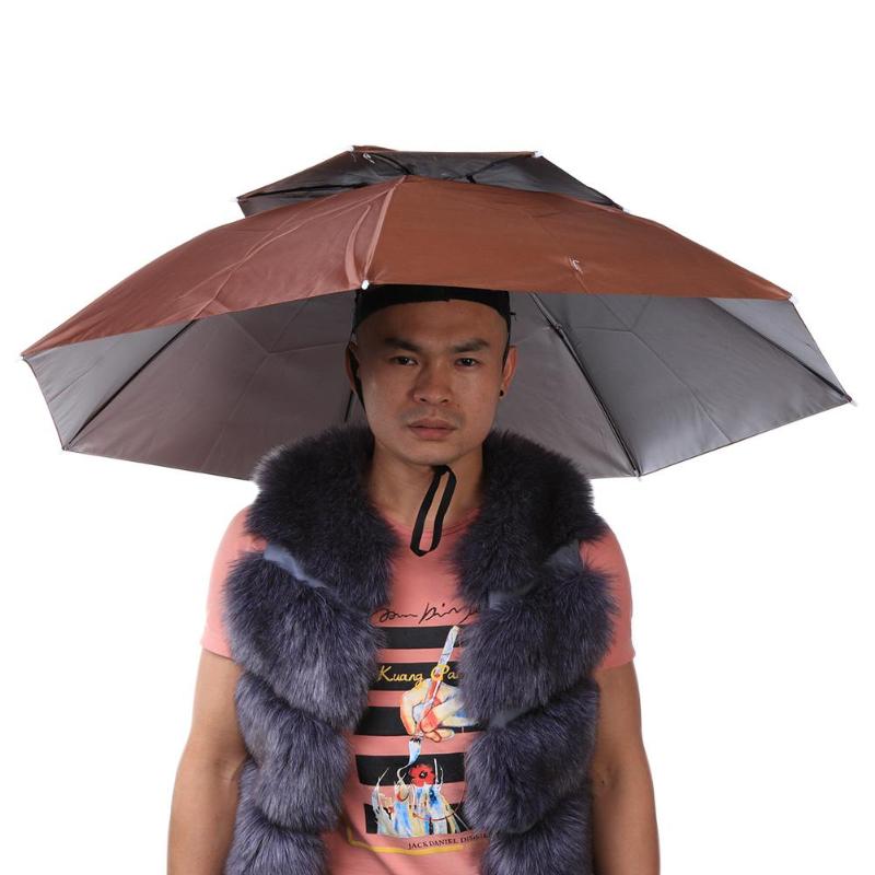 2 layer portable folding umbrella hat wind proof headwear umbrella cap hands free rain gear for outdoor fishing camping hiking
