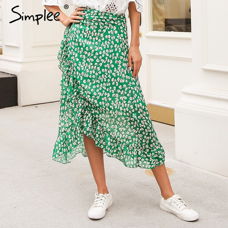 ruffle leaf print wrap skirt women sash tie up beach summer skirt asymmetric high waist streetwear long skirt femme