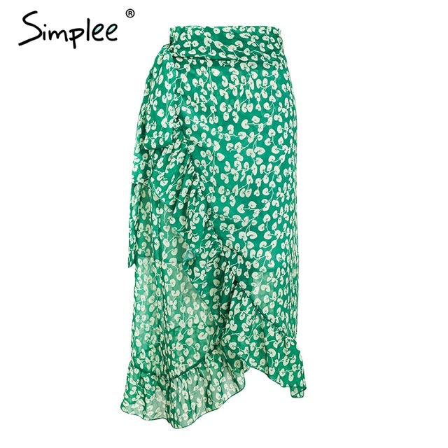 ruffle leaf print wrap skirt women sash tie up beach summer skirt asymmetric high waist streetwear long skirt femme