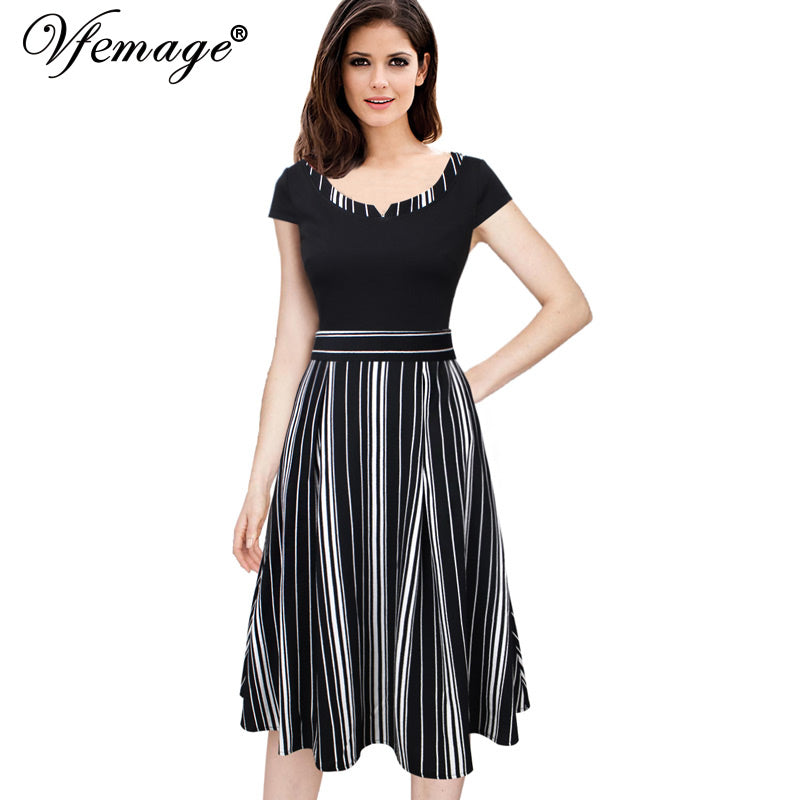 women contrast patchwork striped printed pocket work office business casual party fit and flare skater a line dress