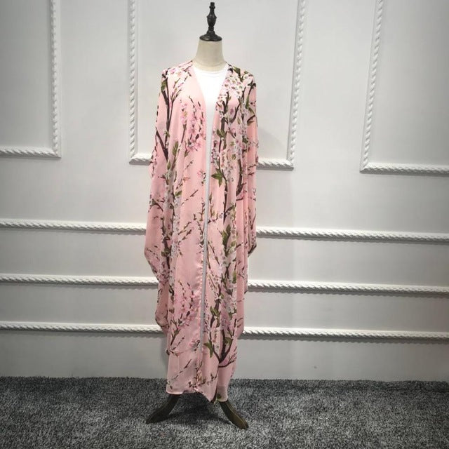 casual muslim abaya print maxi dress bat sleeve cardigan long robe gowns festival ramadan party worship service islamic clothing pink / one size