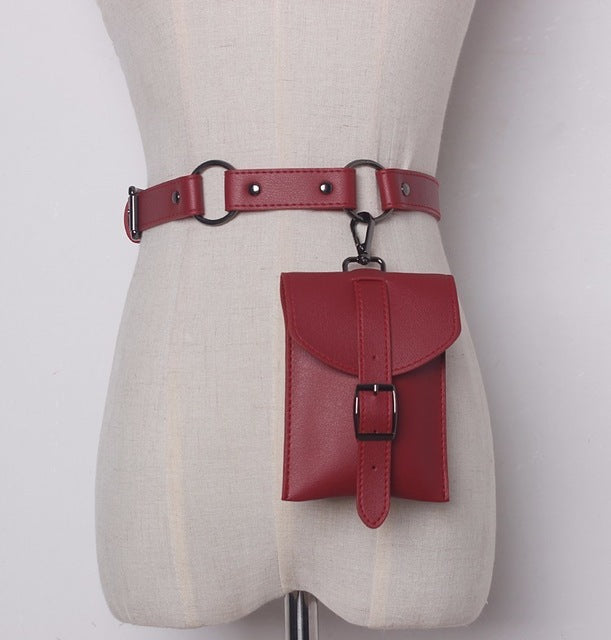 women pu buckle belt with small pocket match sweater coat dresses female waistband fashion waist belts wine red / one size