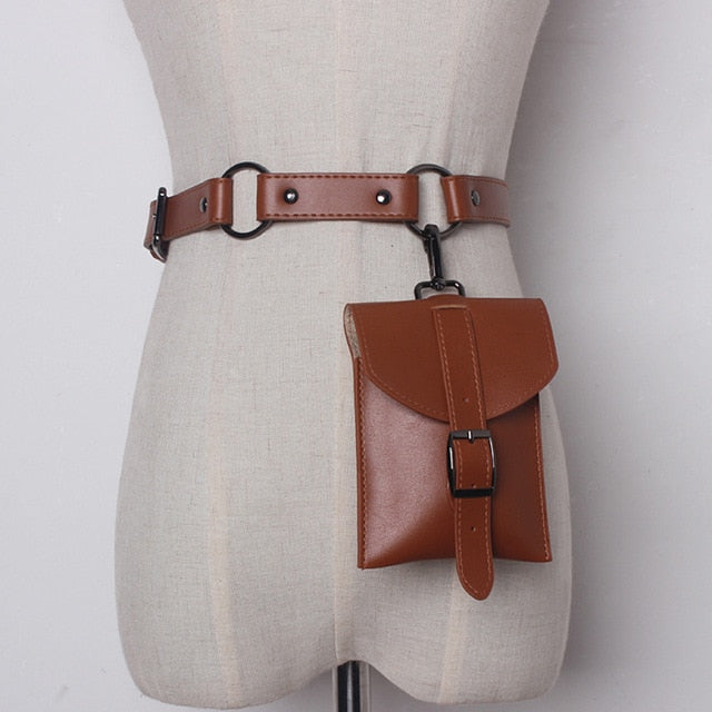 women pu buckle belt with small pocket match sweater coat dresses female waistband fashion waist belts camel / one size