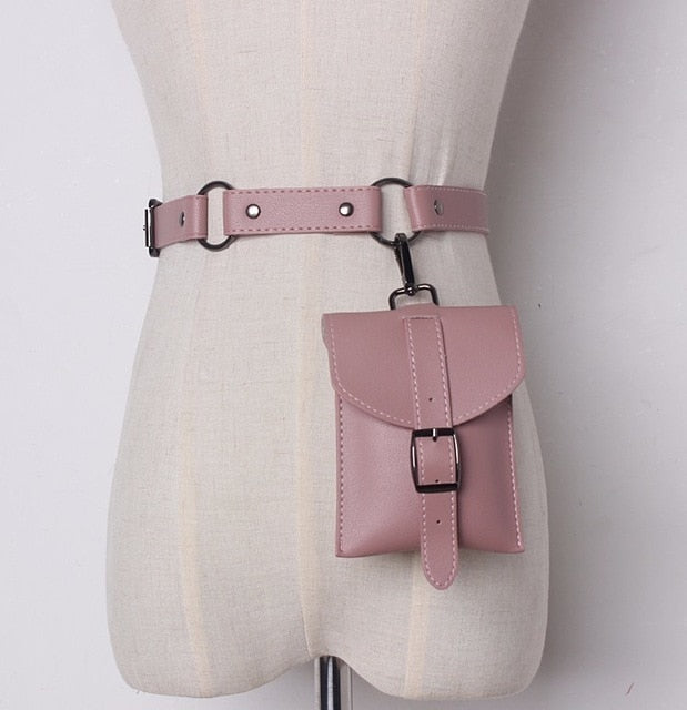 women pu buckle belt with small pocket match sweater coat dresses female waistband fashion waist belts pink / one size