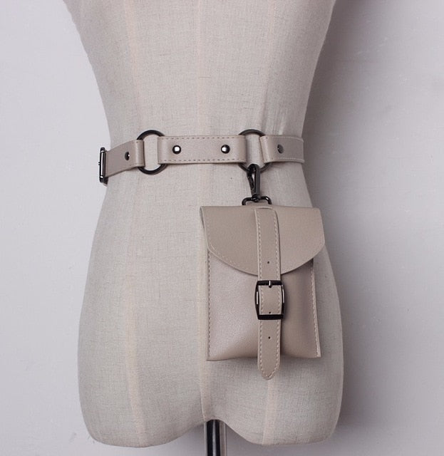 women pu buckle belt with small pocket match sweater coat dresses female waistband fashion waist belts apricot / one size
