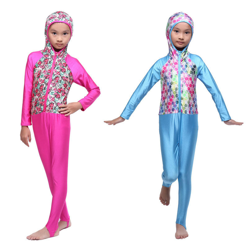 girls one-piece swimsuits hooded full cover muslim swimwears islamic children arab islam beach wear long swim suits burkinis