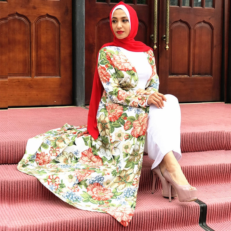elegant muslim abaya print maxi dress floral cardigan long robe gowns tunic middle east ramadan worship service islamic clothing