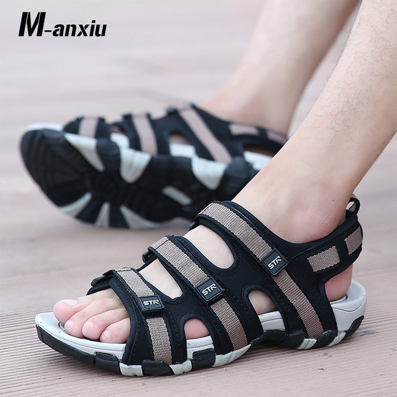 m-anxiu men peep-toe rubber sole cross-strap hook-loop sandal summer casual pu antiskid outdoor sandal shoes
