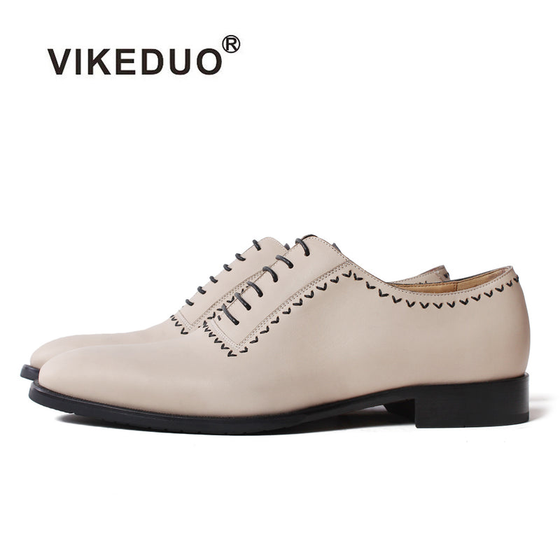 vikeduo handmade brand designer vintage fashion beige casual male formal shoe genuine leather mens oxford dress shoes