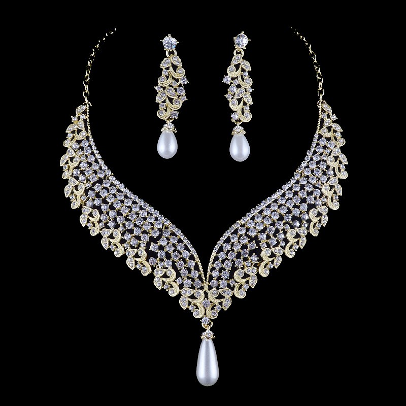 india pearl style bridal wedding necklace earrings set crystal rhinestone