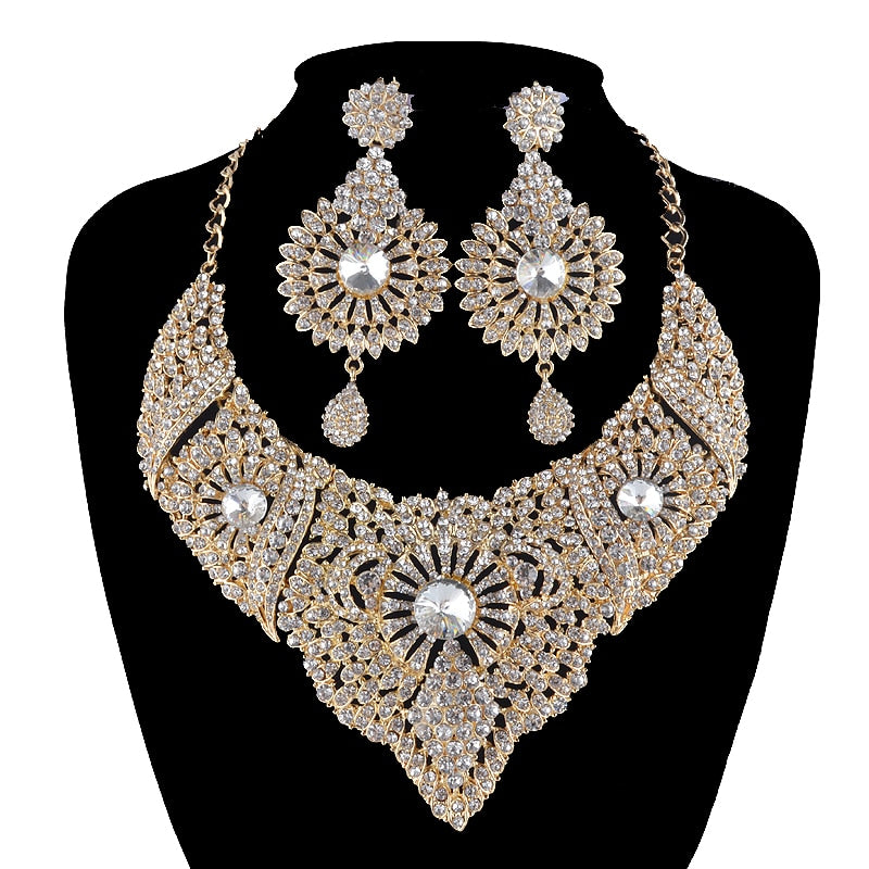 african bridal wedding jewelry sets golden metal rhinestone crystal statement necklace earrings set women party prom jewelry